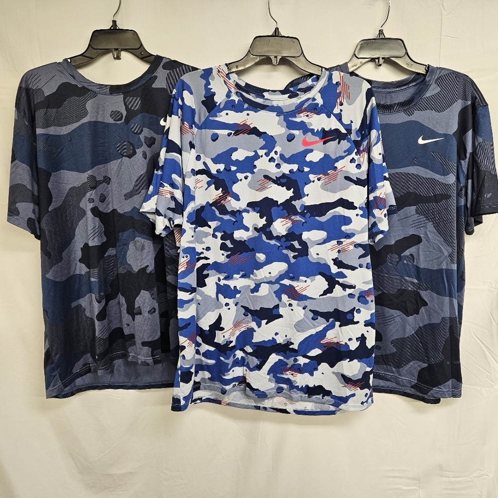 Lot Of 3 Nike T-Shirt Mens XL Fitted Blue Camo Dri-Fit Short Sleeve Performance